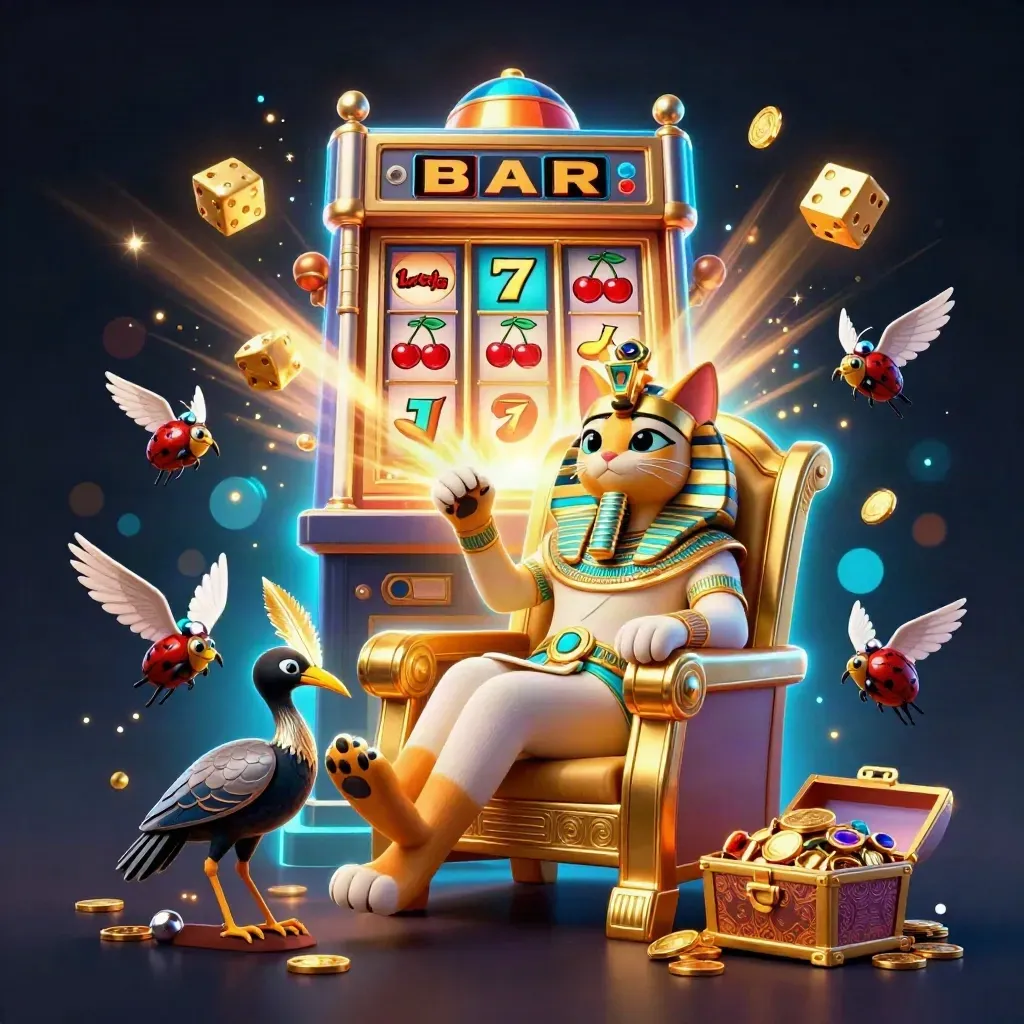 Pharaoh cat, ibis scribe and scarab beetles amid bursting slot-machine treasure and cyan magic.