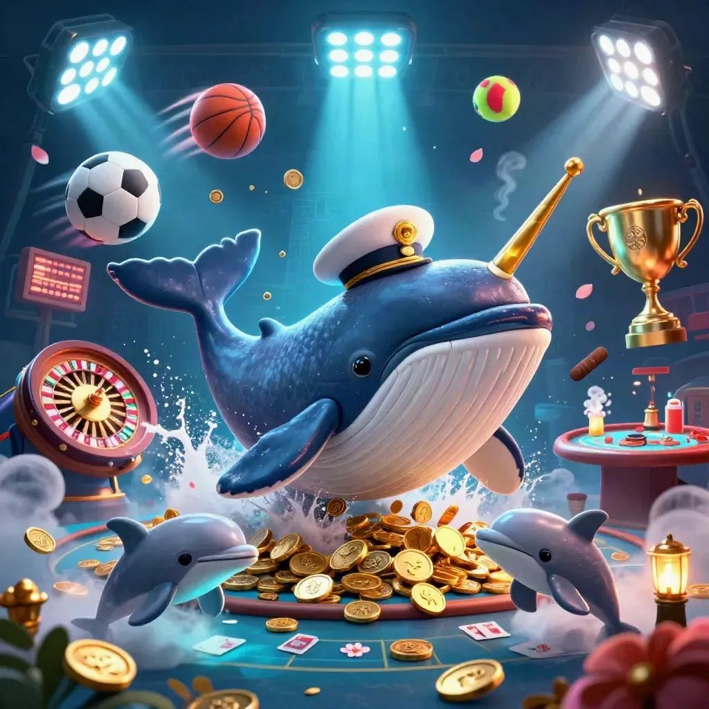 Whale captain, narwhal, and dolphins in neon casino underwater action, with coins, balls, and glowing lights.