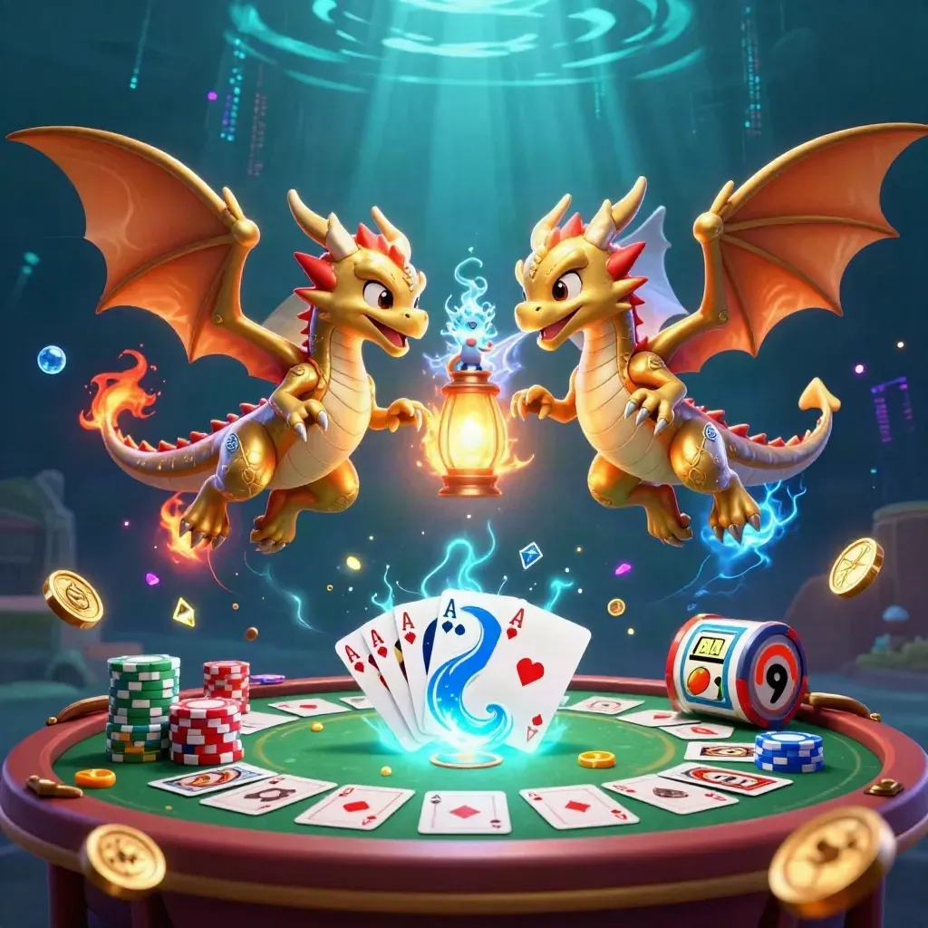 Twin dragons duel fire and ice over casino chips, cards, and treasure in a neon underwater scene.