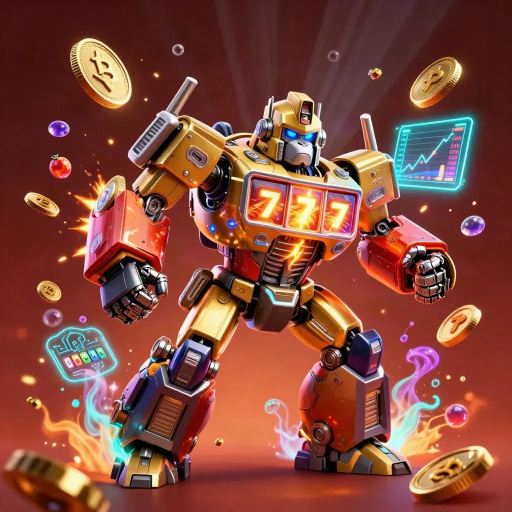 Golden gorilla mech with monkey pilot, coins, lightning, and casino symbols exploding in a dark neon arena