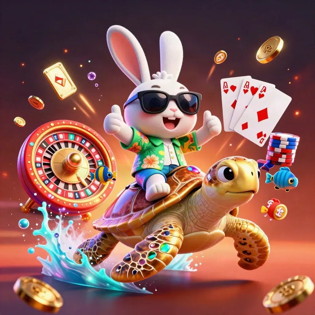 Cartoon rabbit in sunglasses rides a golden sea turtle amid casino chips, coins, and neon glow.