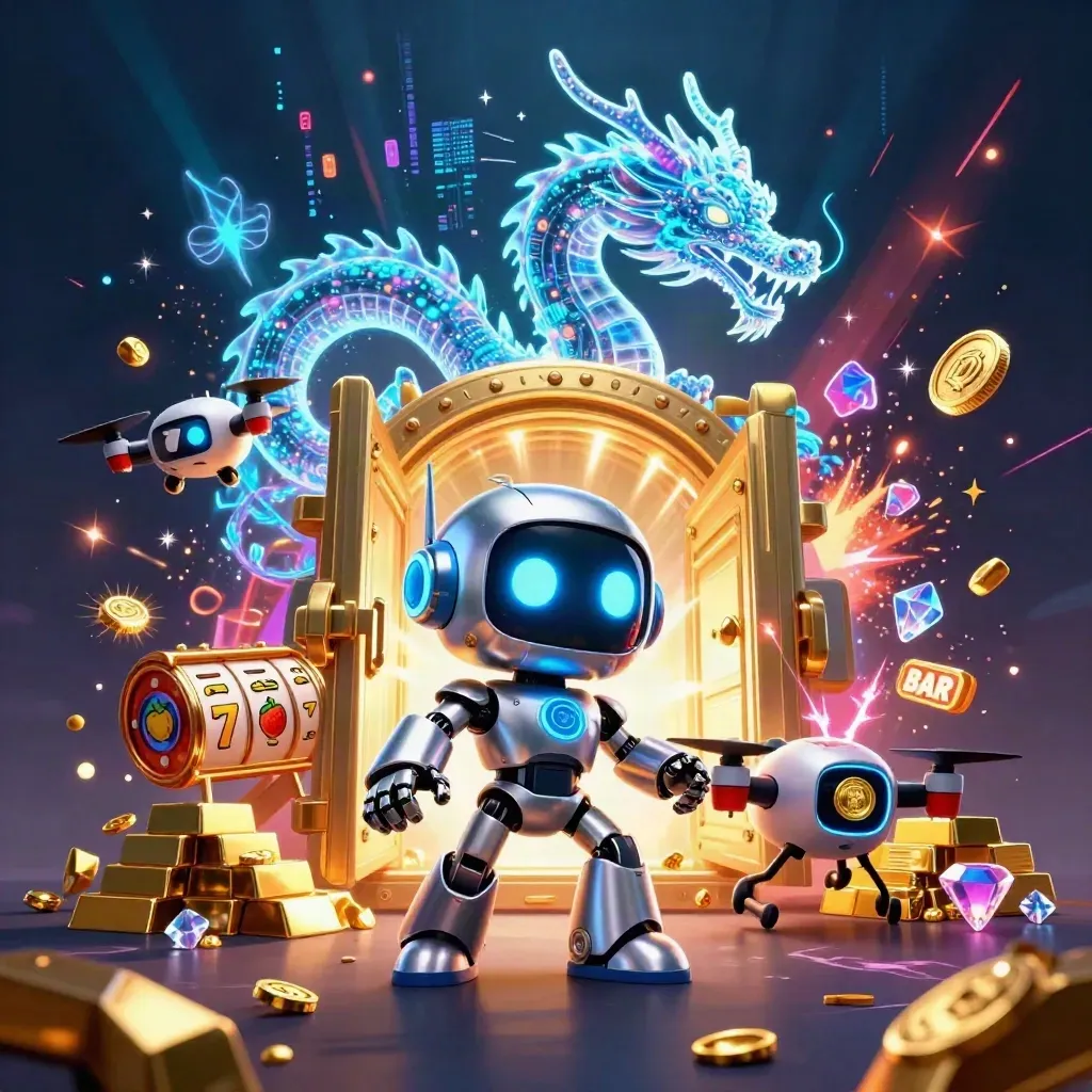 Cyberpunk robot, holographic dragon, and coin drone blast treasure from an opening vault.