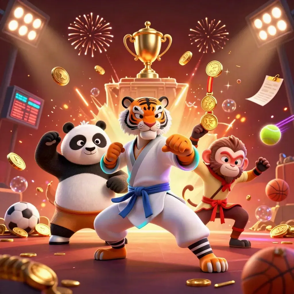 Kung-fu tiger, panda, and monkey amid bursting gold, sports balls, and neon casino lights