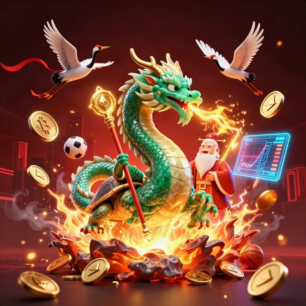 Jade dragon, turtle sage, and cranes amid vault coins, fire, and neon esports effects.