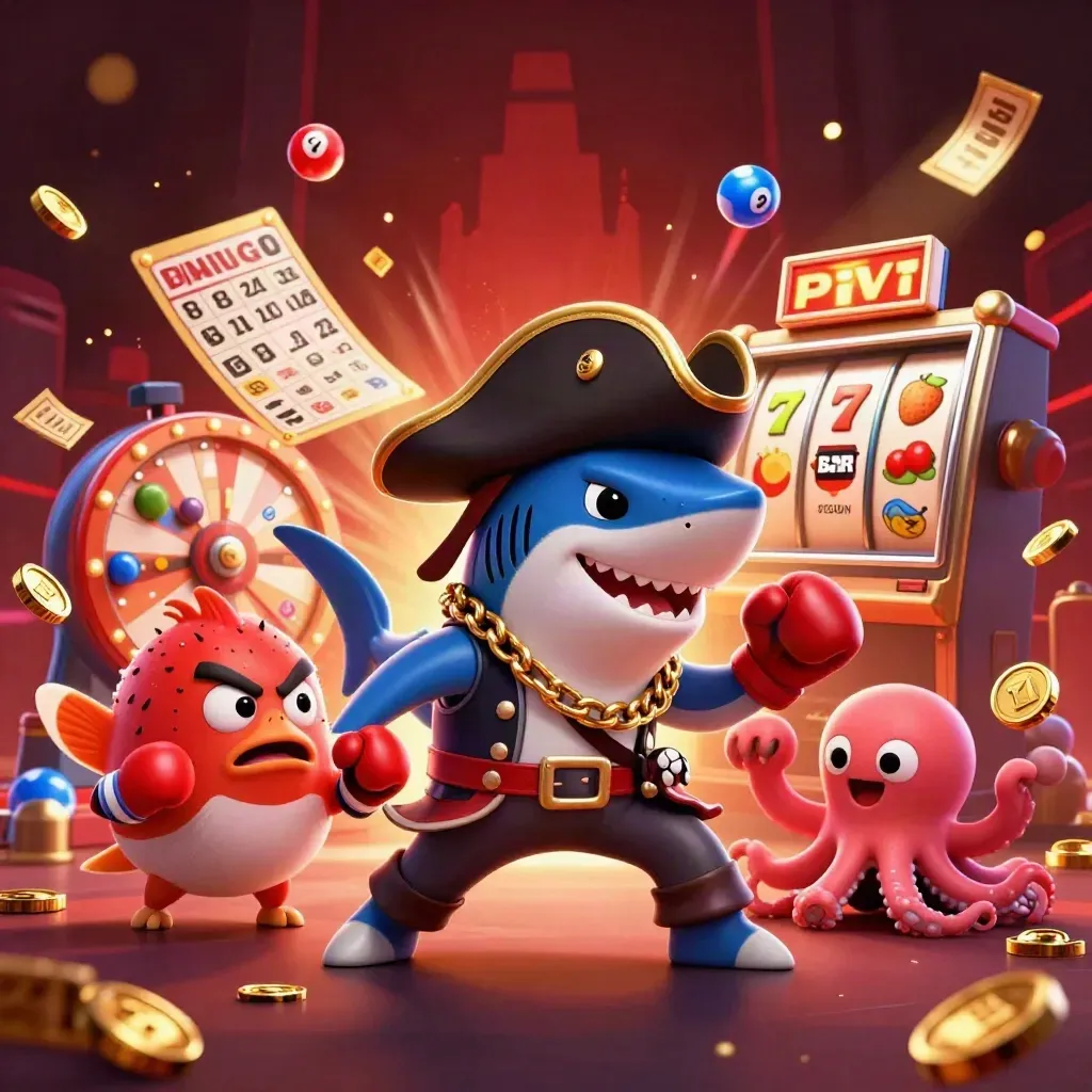 Pirate shark, boxing pufferfish and coin-juggling octopus amid casino bursts and neon red light