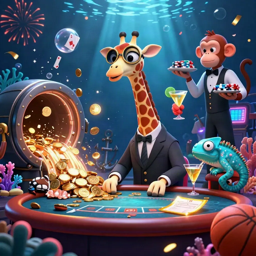 Giraffe, monkey, and chameleon in a glowing underwater treasure casino with coins, coral, and fireworks.