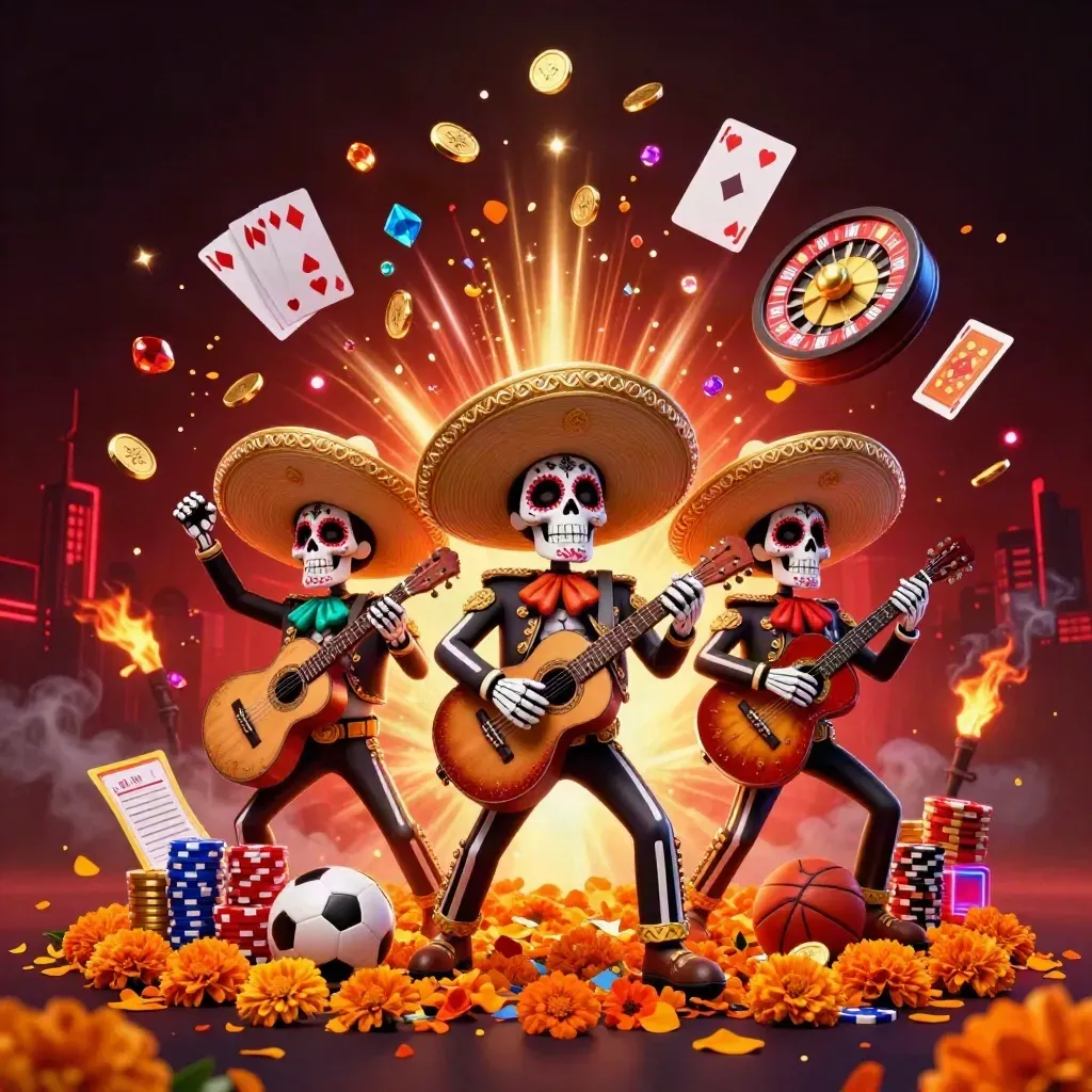 Skeleton mariachi trio amid exploding coins, cards, chips, and neon casino lights.