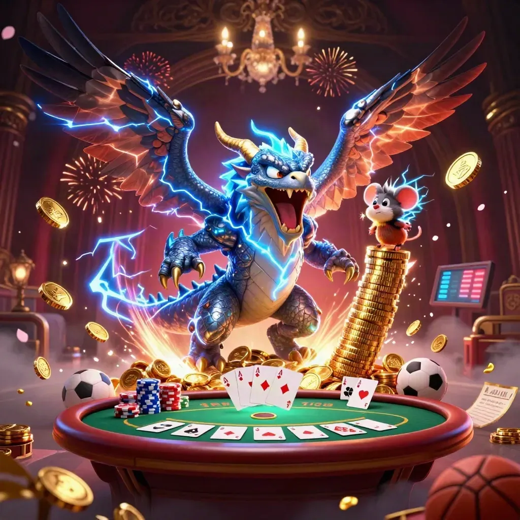 Thunder dragon, wind hawk, and static mouse amid bursting treasure, casino props, and neon lights.