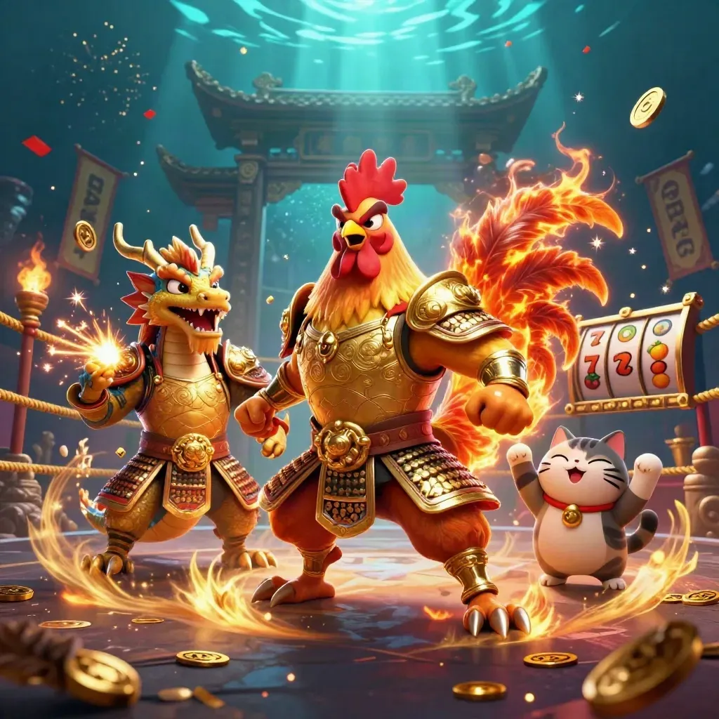 Rooster warrior, dragon hatchling, and fortune-cat amid casino energy, coins, sparks, and neon effects.