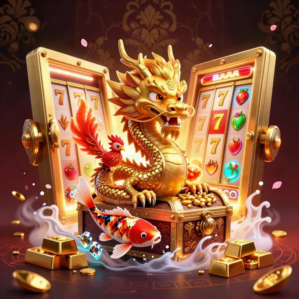 Golden dragon, red phoenix and koi with treasure chest, vault, slot reels and casino glow