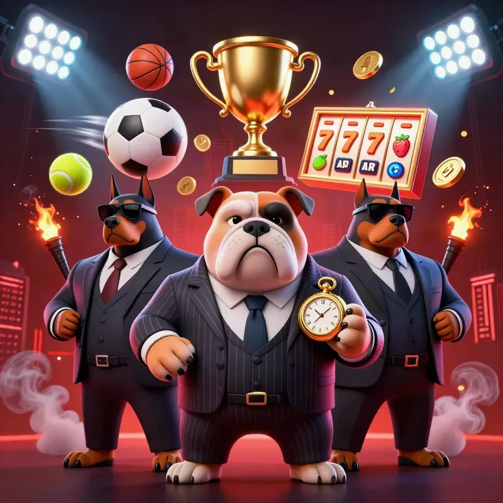 Bulldog mafia boss with Doberman guards amid casino effects and neon esports lighting.