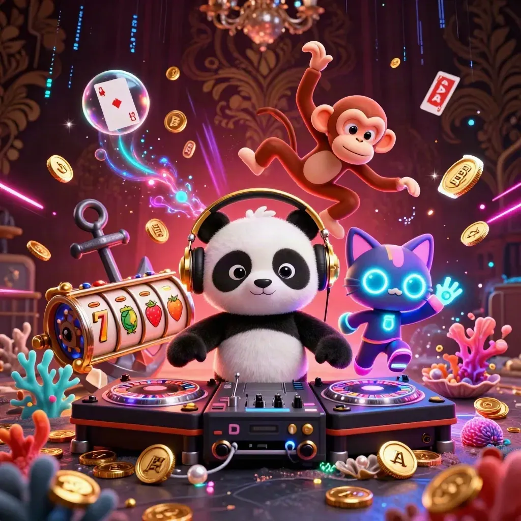 DJ panda, breakdancing monkey, and rave kitten in neon casino treasure chaos