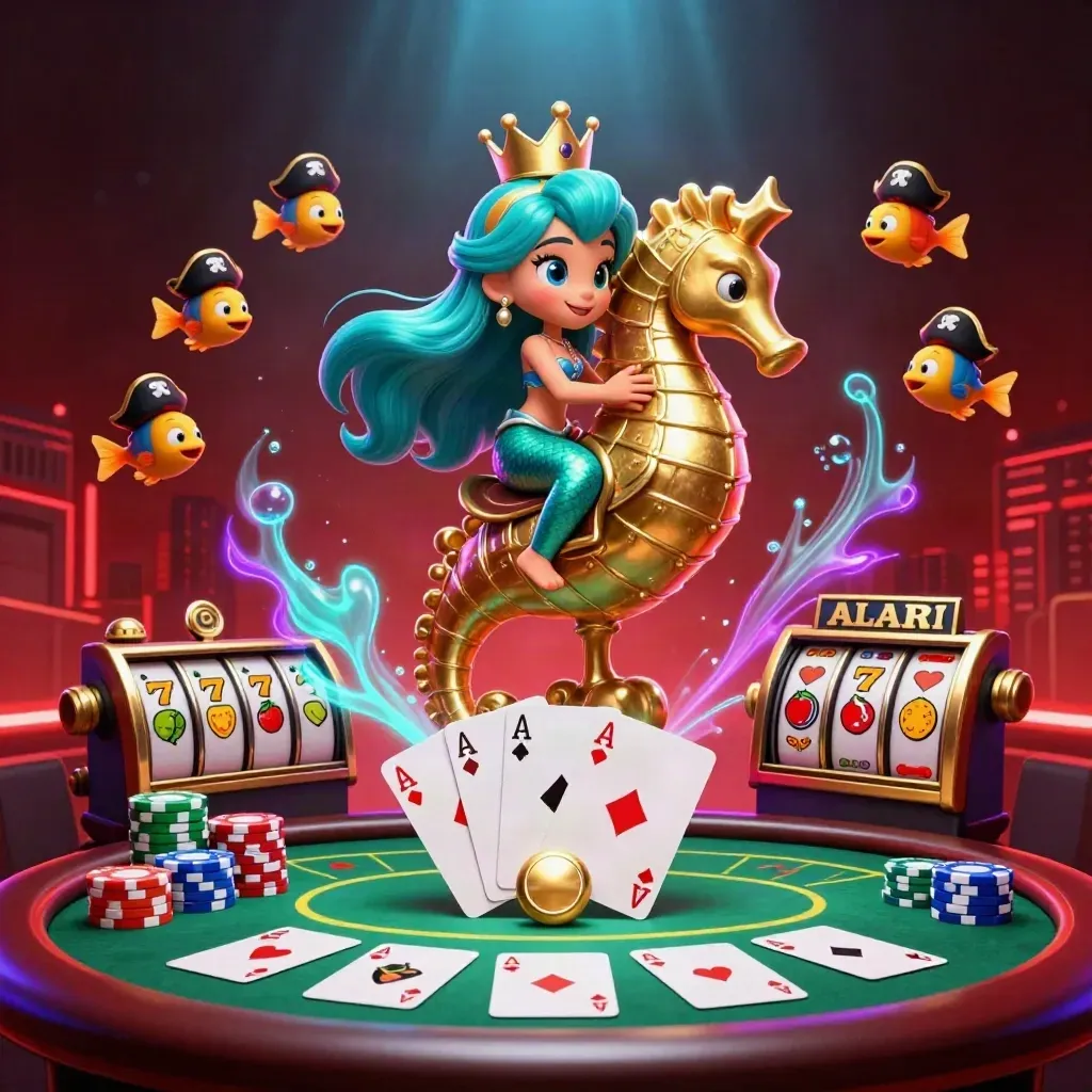 Mermaid princess on armored seahorse with pirate fish amid casino chips and slot reels