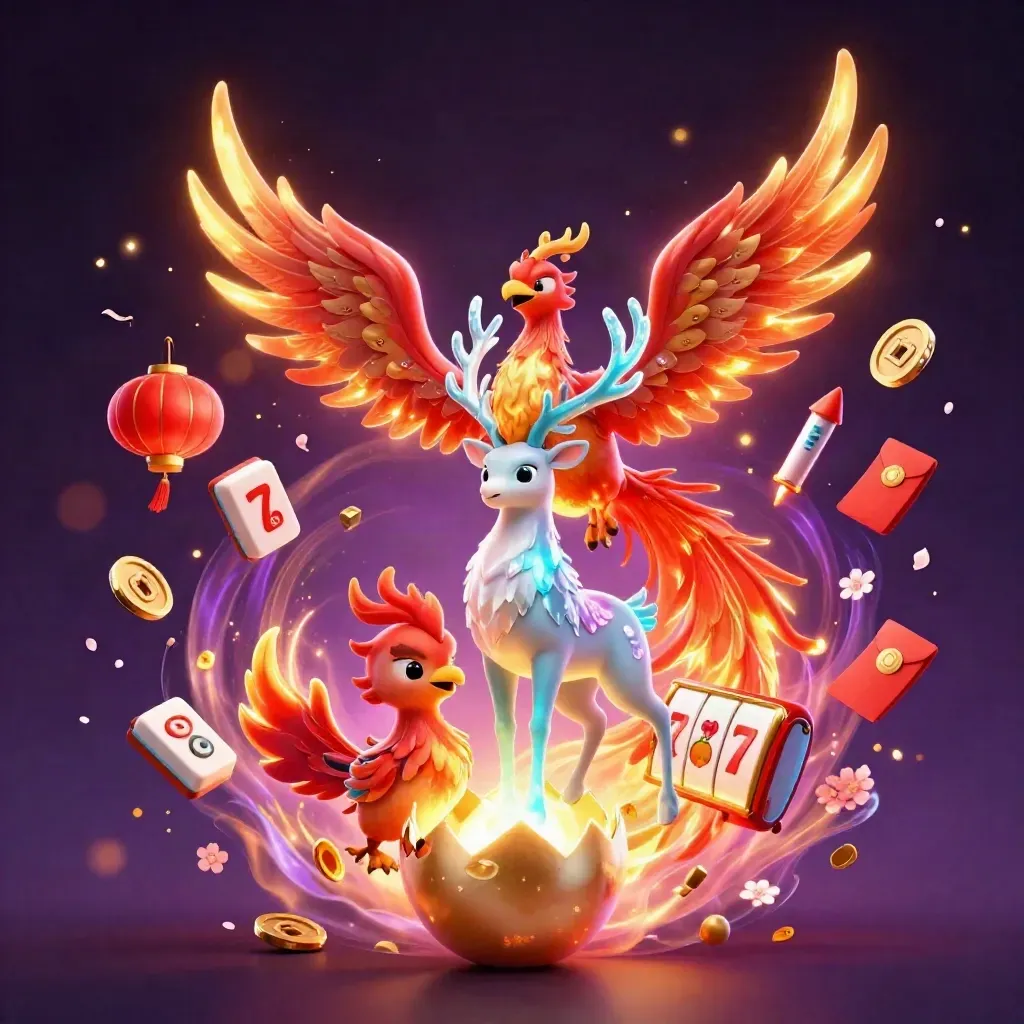 Phoenix, hatchling, and crystalline stag amid casino icons on a dark neon fantasy backdrop