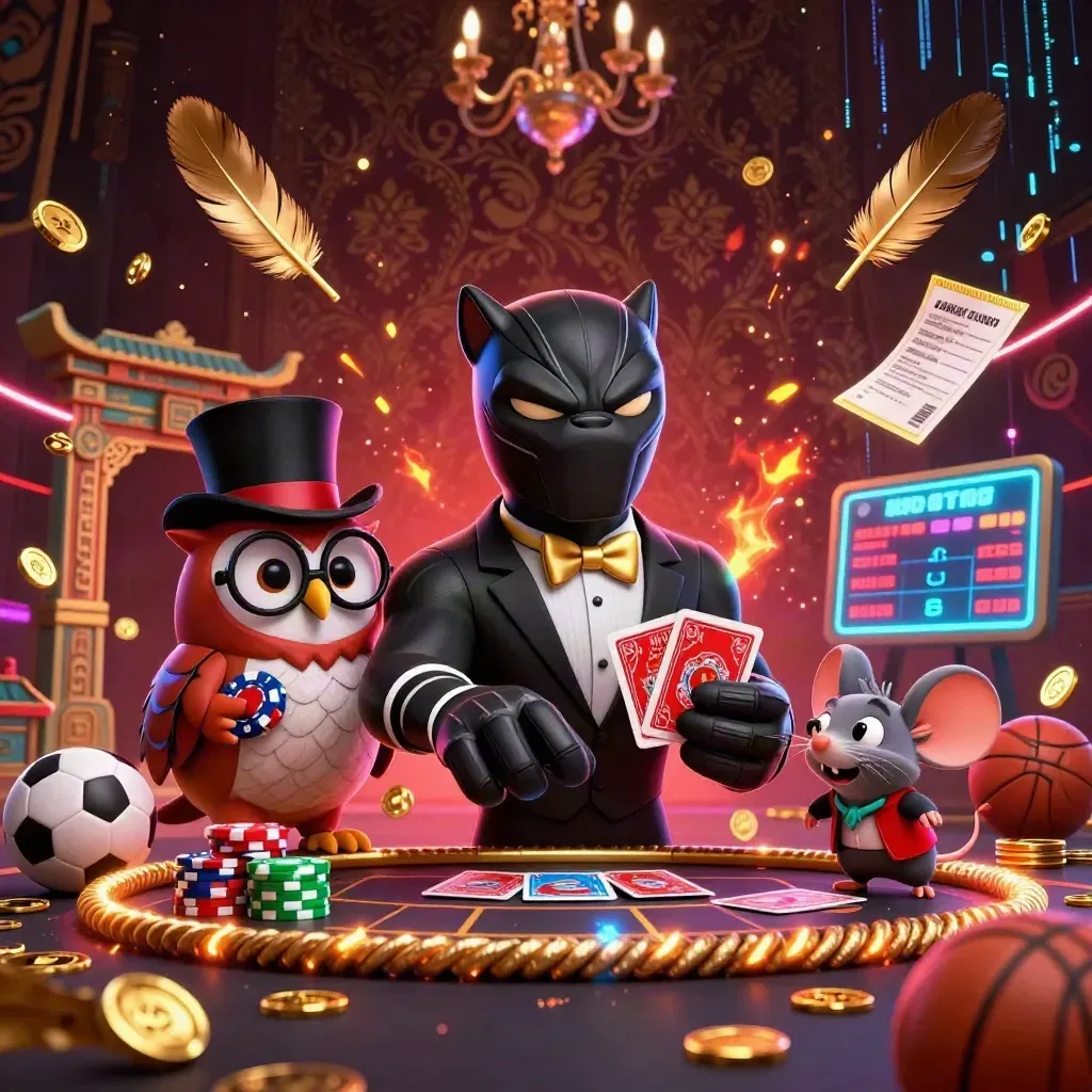 Panther, owl, and mouse amid casino loot, neon sparks, temple gate, and sports props.