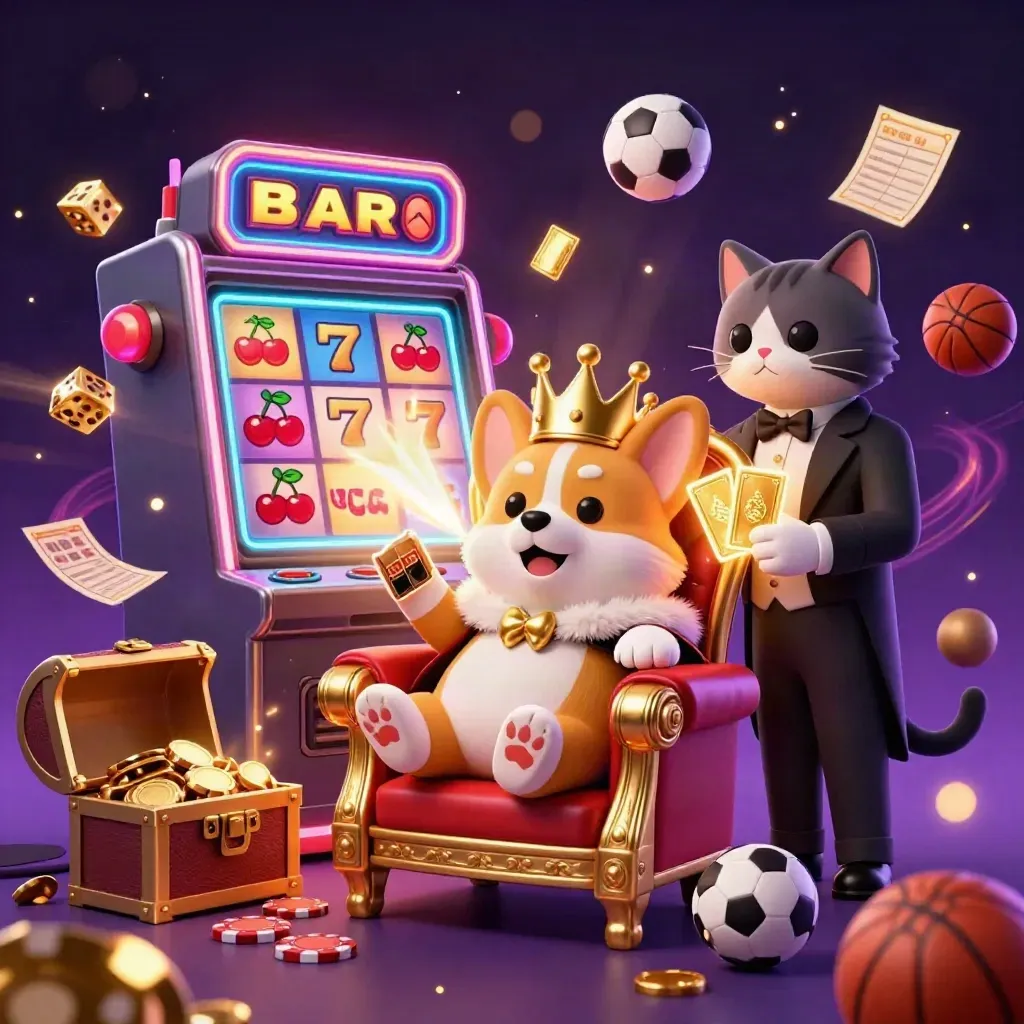 Royal corgi and cat butler amid slot bursts, gold, dice, chips, and neon casino glow.
