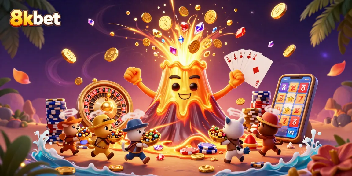 Experience thrilling wins at 8kbet as a golden volcano erupts with coins and treasure.