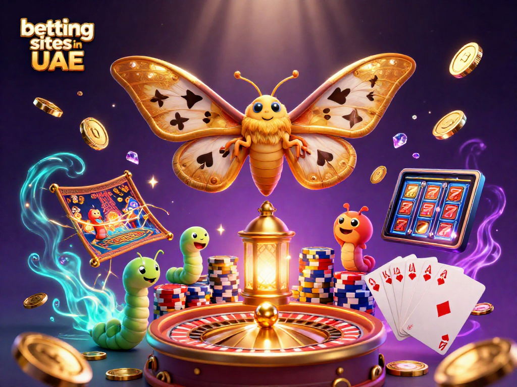 Experience betting sites in UAE through a vibrant 3D illustration showcasing an atlas moth and casino elements.