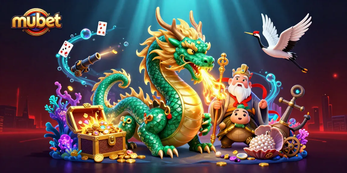Engage in thrilling mubet gaming adventures with a jade dragon and wise turtle in a vibrant casino scene.