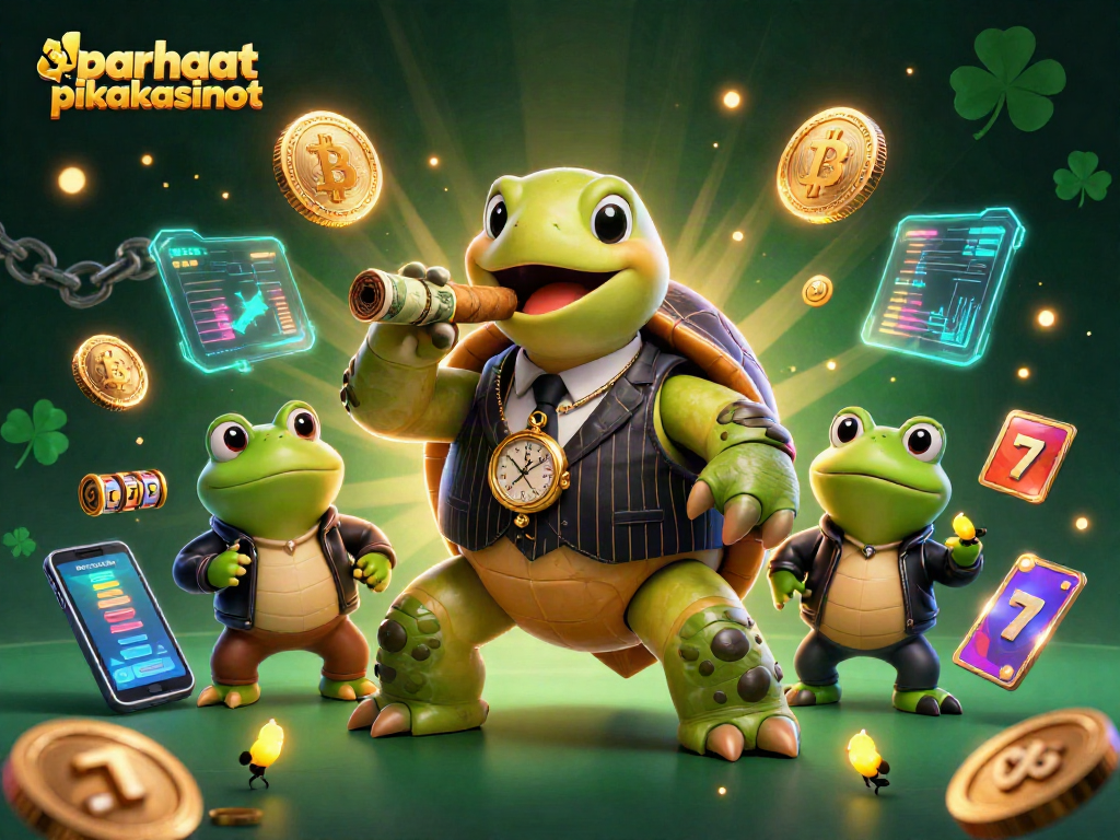 Experience the thrill of parhaat pikakasinot with a vibrant 3D scene featuring a mobster turtle and slot game elements.