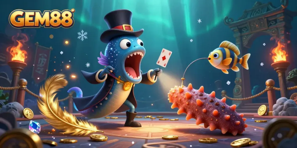 GEM88 showcases a magical underwater scene with a gulper eel performing tricks, enhancing excitement for casino players.