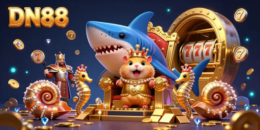 Engage with DN88's dynamic casino kingdom featuring a golden hamster king and rich treasure.