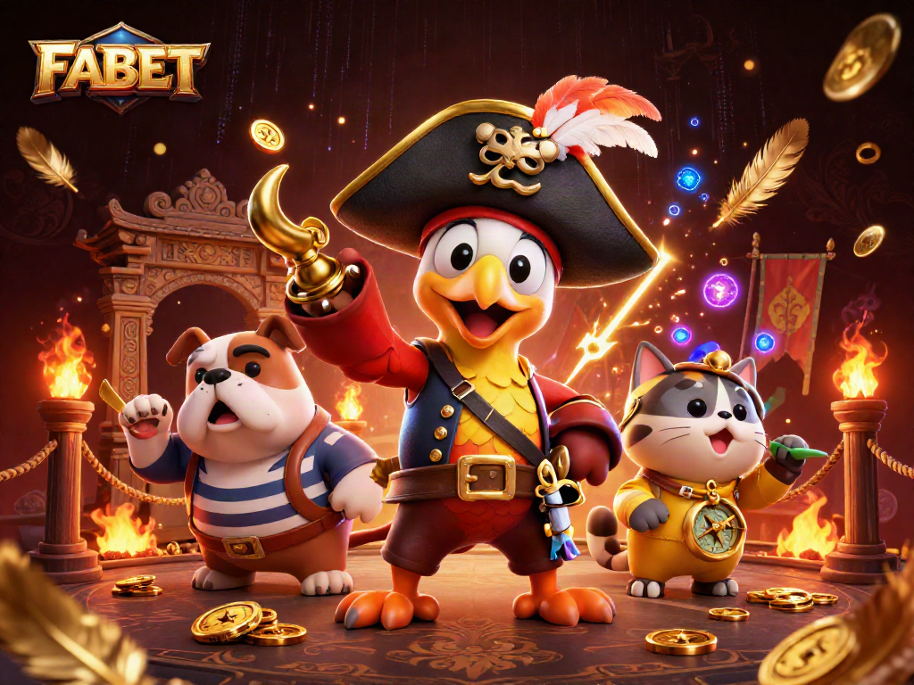 Join the FABET adventure with a pirate captain, bulldog, and cat in a vibrant casino scene!