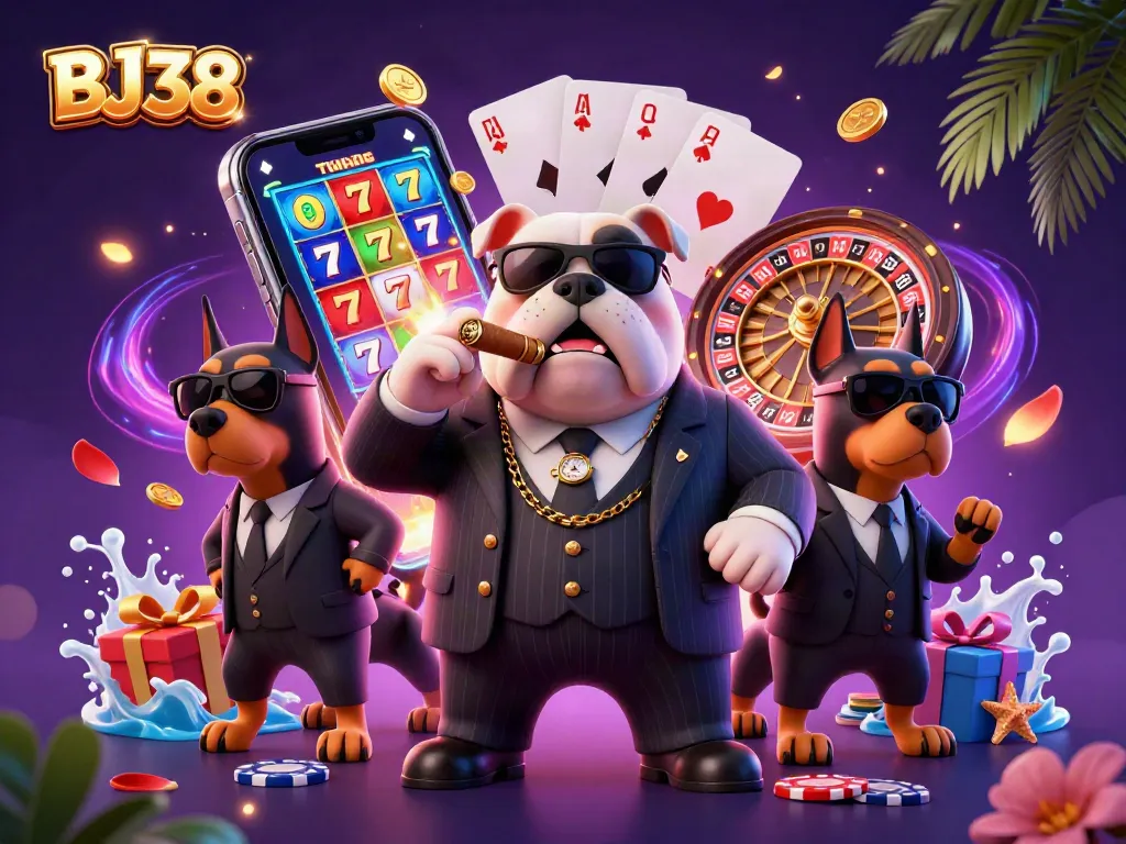 BJ38 featuring a mafia boss bulldog and bodyguard Dobermans amidst dynamic slot games, poker chips, and vibrant casino elements.
