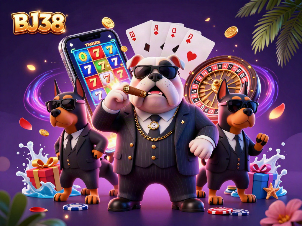 BJ38 featuring a mafia boss bulldog and bodyguard Dobermans amidst dynamic slot games, poker chips, and vibrant casino elements.