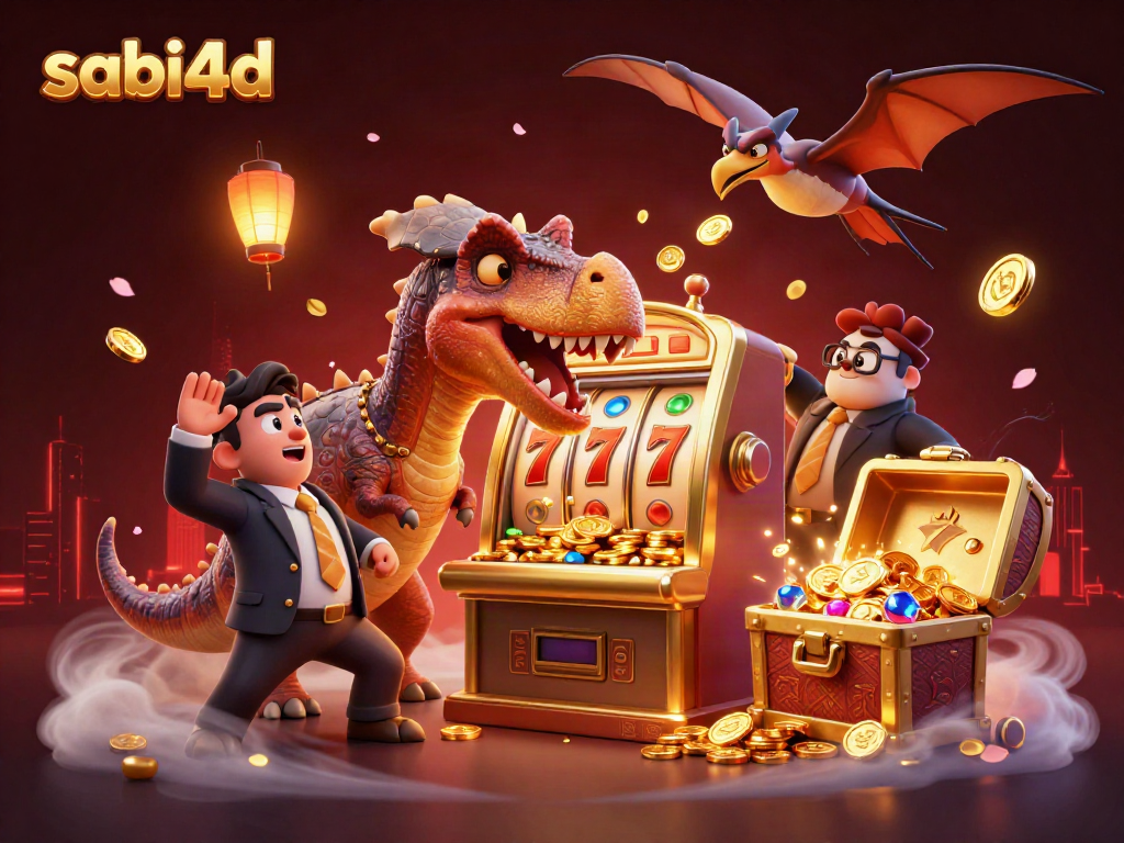 Gambaran kasino yang menampilkan sapi4d, di mana dinosaurus memicu mesin slot dengan koin jackpot yang jatuh.