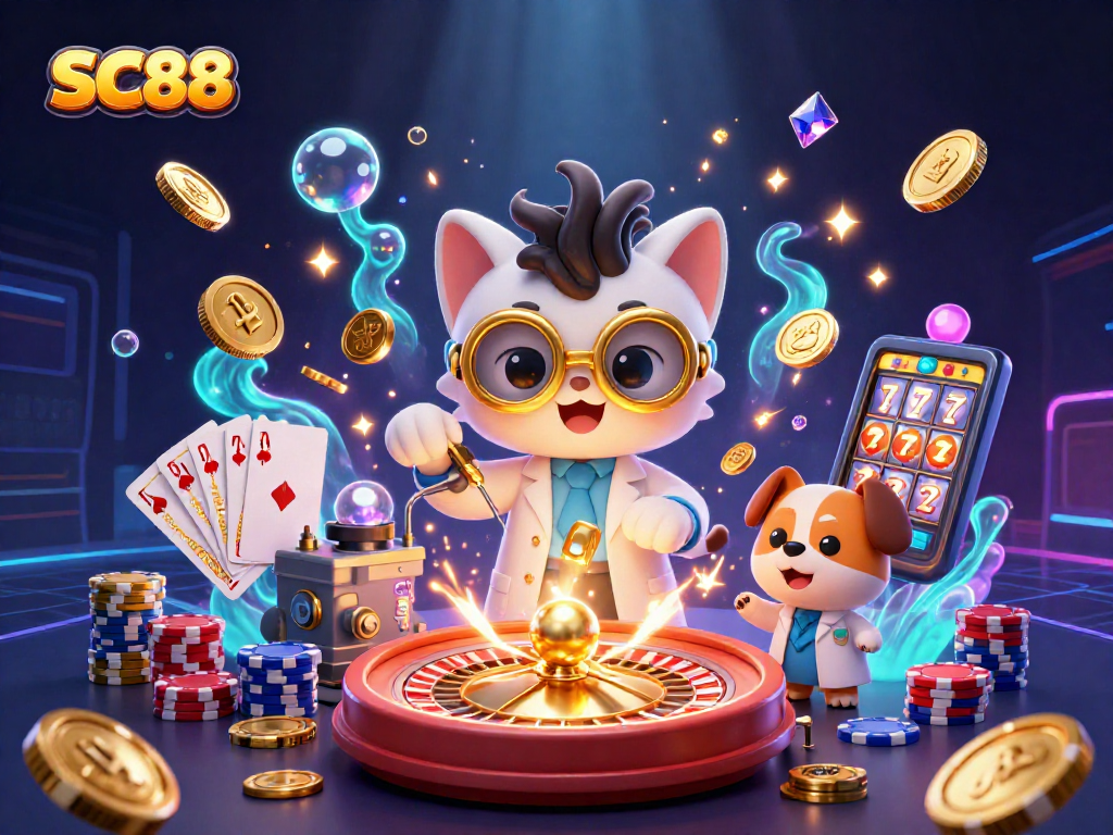 See SC88's exciting gaming scene with a mad scientist cat and loyal dog amidst casino elements.