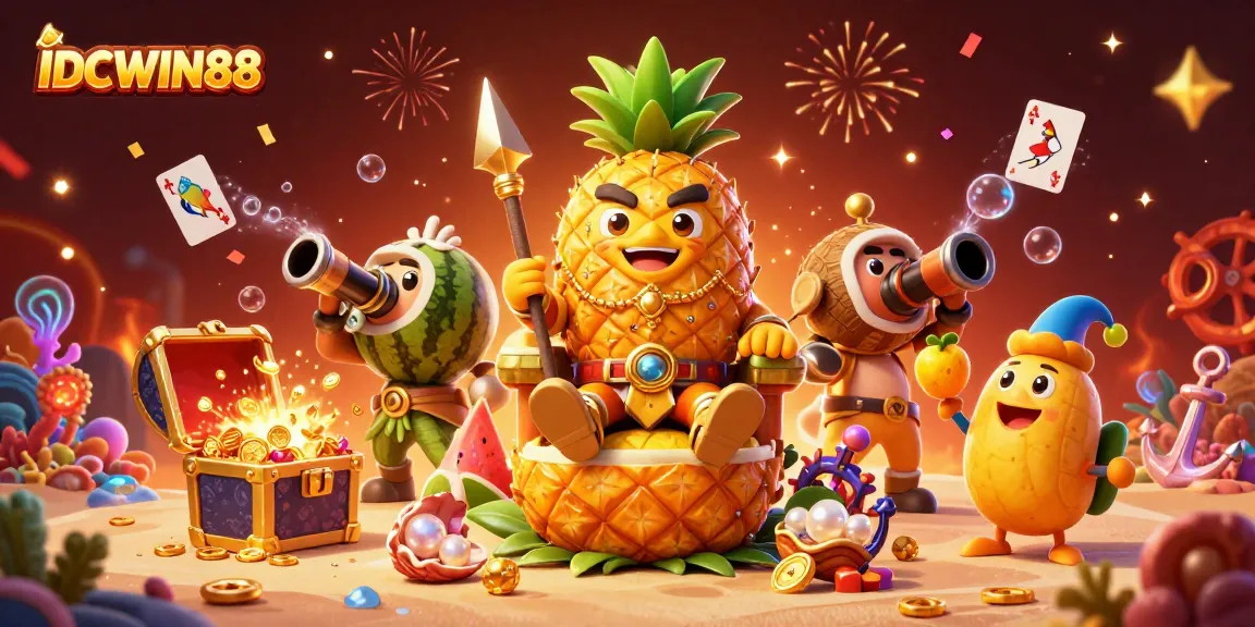 Experience thrilling games at IDCWIN88 with the golden pineapple king in a vibrant casino scene.
