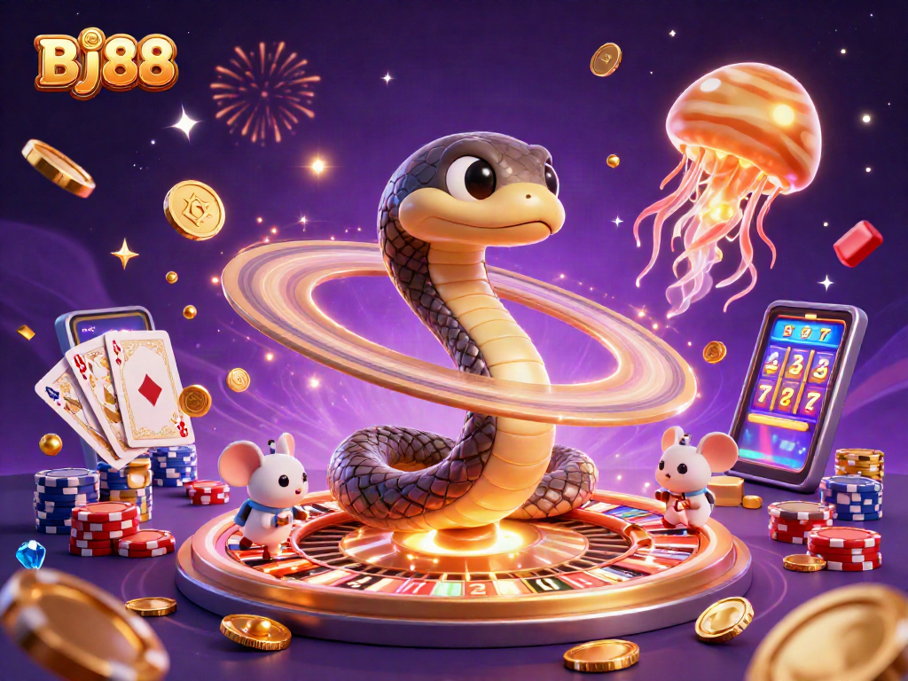 BJ88 players place bets in a vibrant casino-themed illustration featuring a roulette wheel and gaming elements.