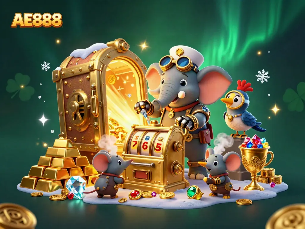 Experience thrilling wins with AE888's captivating steampunk slot machine scene.
