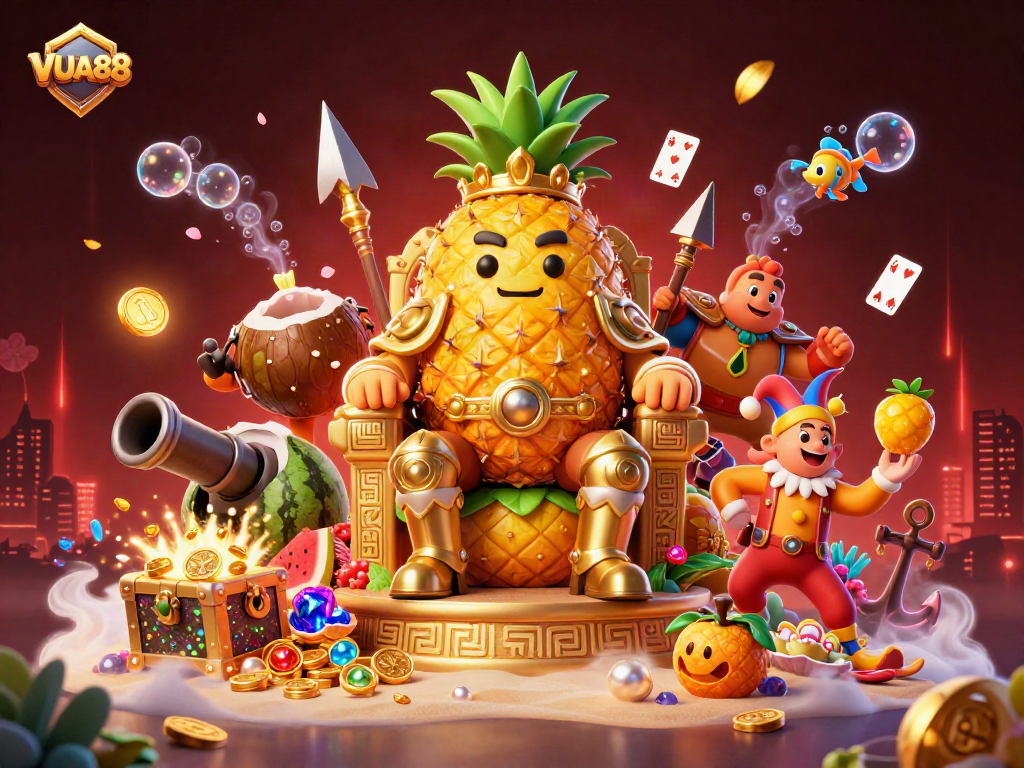 Engage with VUA88's vibrant beach casino scene featuring dynamic characters and gaming elements.