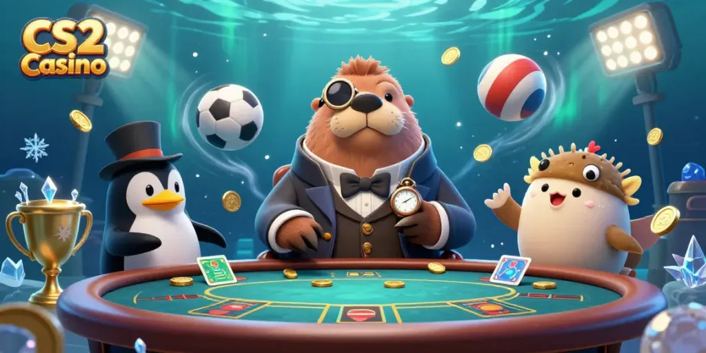 Engaging CS2 Casino scene featuring a walrus playing poker with a penguin dealer and a bluffing pufferfish.
