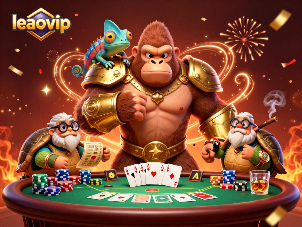 Experience thrilling poker action with leaovip as a gorilla king and companions surround a vibrant poker table.