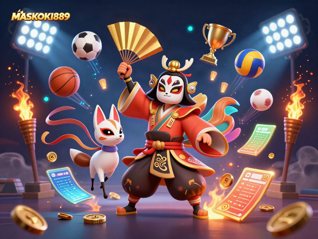 Engage with MASKOKI889: A vibrant 3D illustration featuring casino elements and dynamic characters.