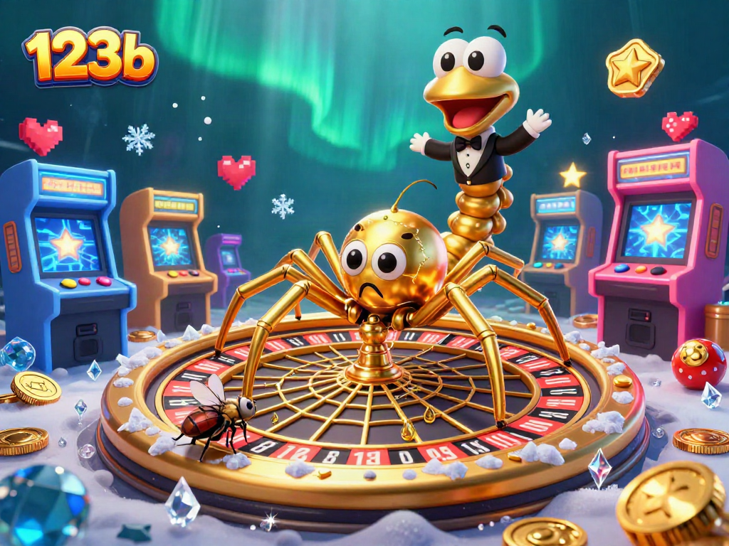 Engaging visuals with 123b showcasing a golden spider and a centipede croupier in a vibrant casino-themed scene.