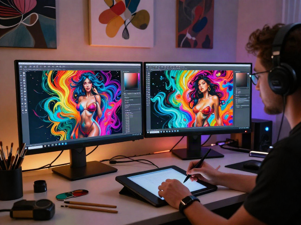 Artist creating captivating AI-generated erotic art with innovative technology using an ai porn generator in a modern studio setting.