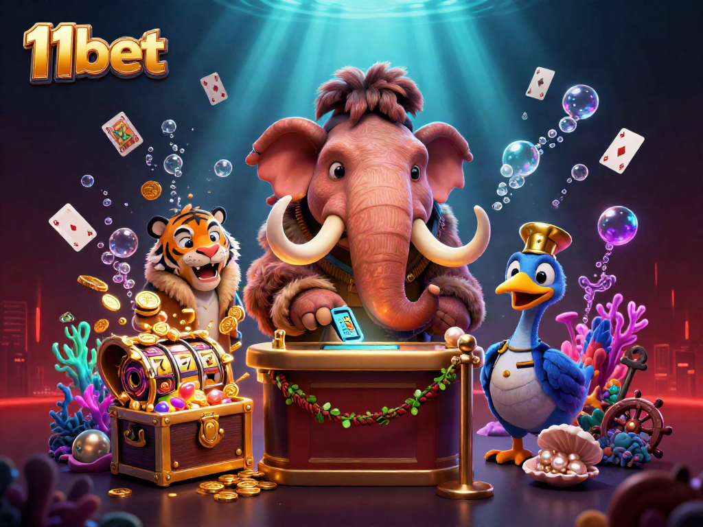 Engage with 11bet's vibrant casino environment featuring whimsical characters and exciting game elements.