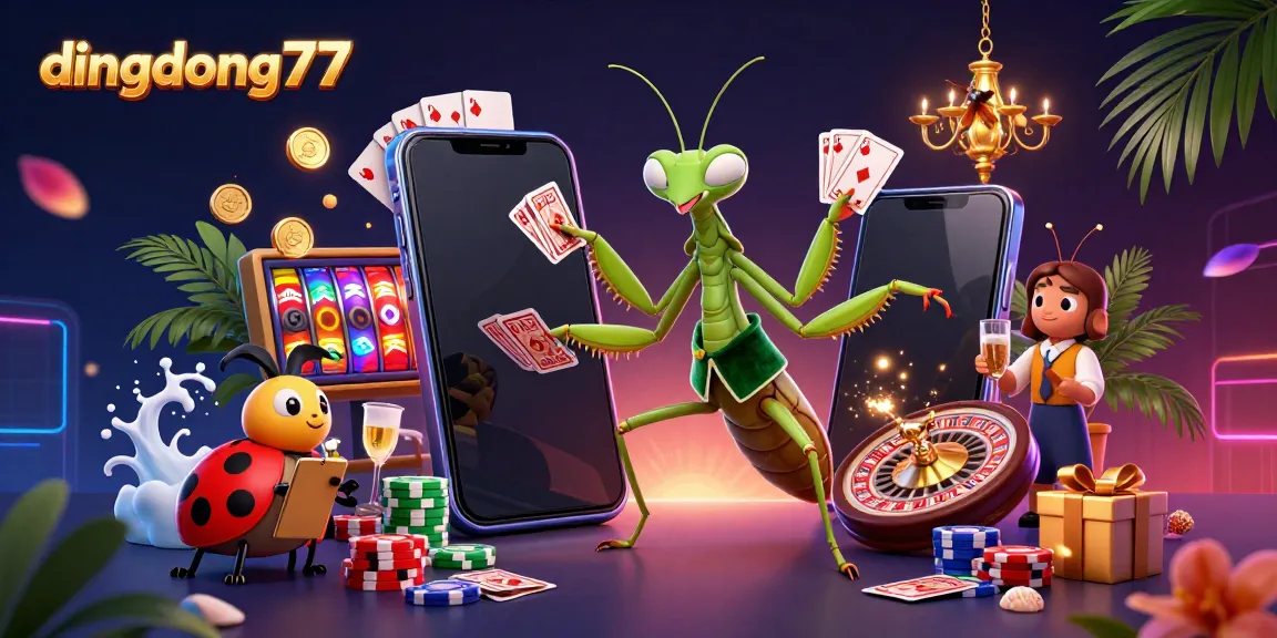 Dingdong77 vibrant slot gaming scene features a giant praying mantis card sharp and ladybug pit boss in action, showcasing dynamic gameplay elements.