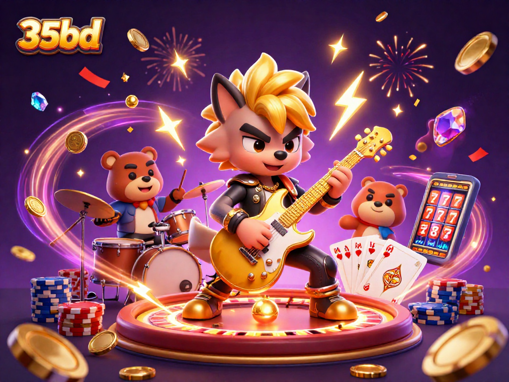 Experience thrilling casino action with 35bd, featuring a rock star wolf and playful bear in vibrant illustration.