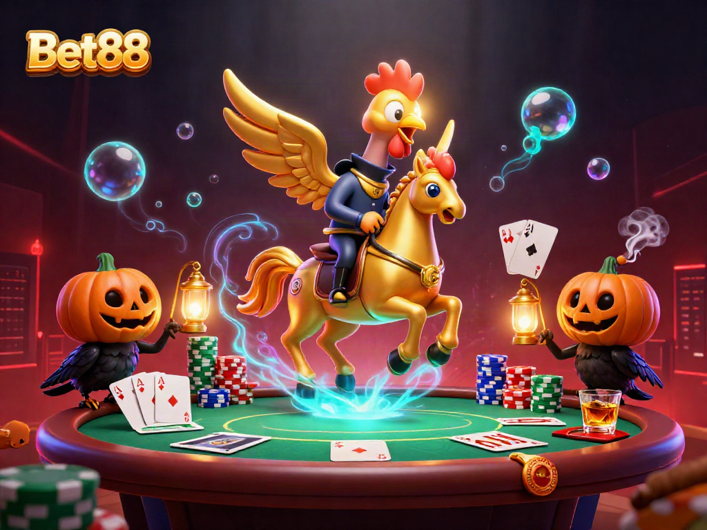 Bet88 showcases an engaging casino scene with golden rooster characters and poker elements.