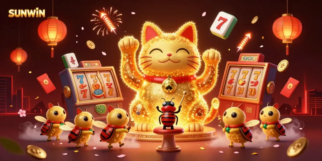 SUNWIN's vibrant lucky cat illustration symbolizes luck in online gaming