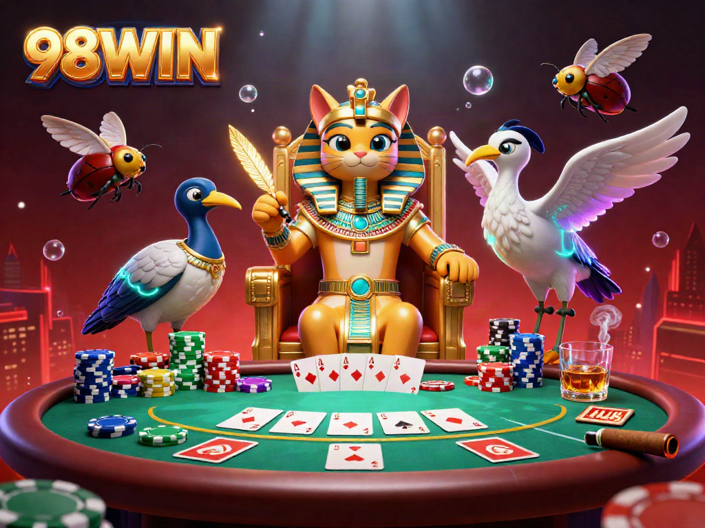 Engage in winning strategies at 98WIN with an epic 3D pharaoh cat scene highlighting poker game excitement.
