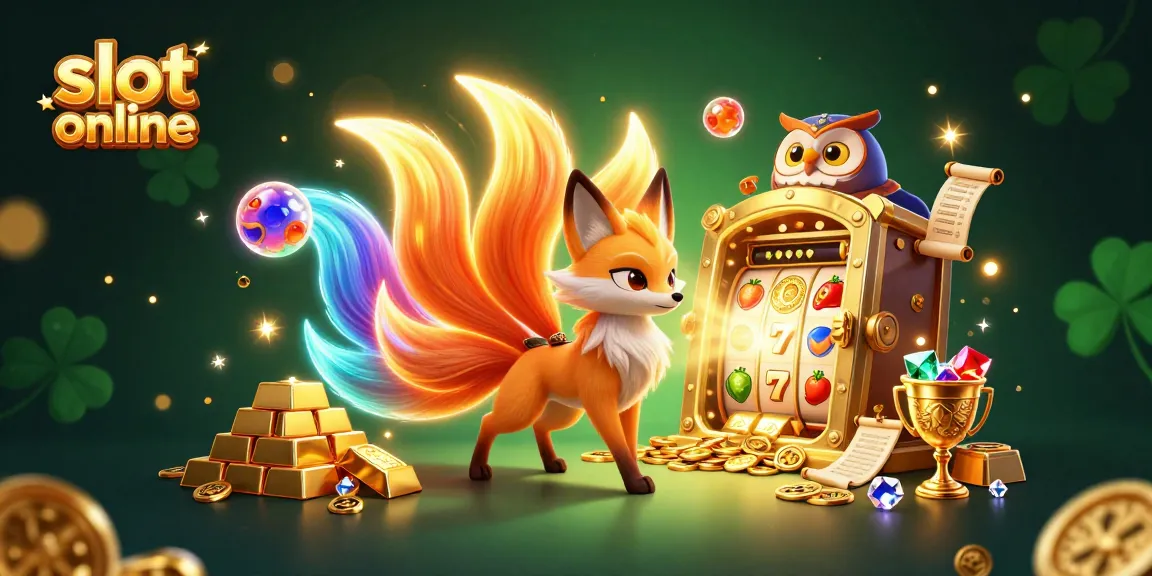 Ilustrasi menarik tentang permainan slot online dengan gambar karakter berwarna-warni dan elemen kasino yang menyenangkan.