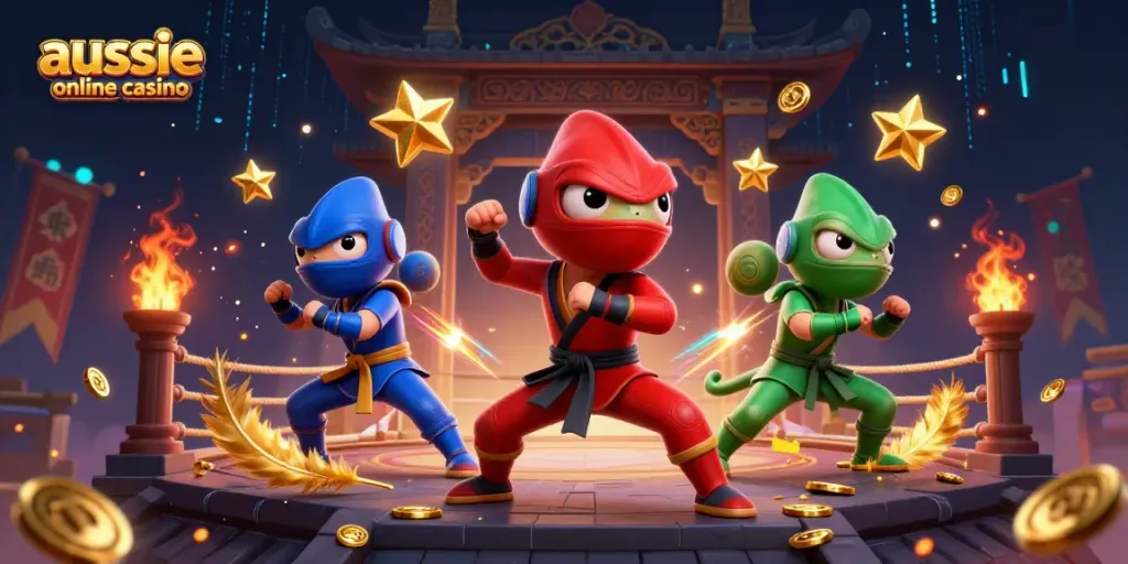 Synchronized ninja chameleons promoting aussie online casino with dynamic poses and vibrant casino elements.