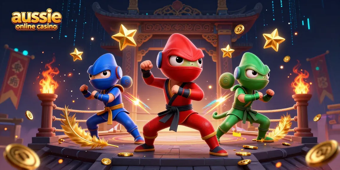 Synchronized ninja chameleons promoting aussie online casino with dynamic poses and vibrant casino elements.