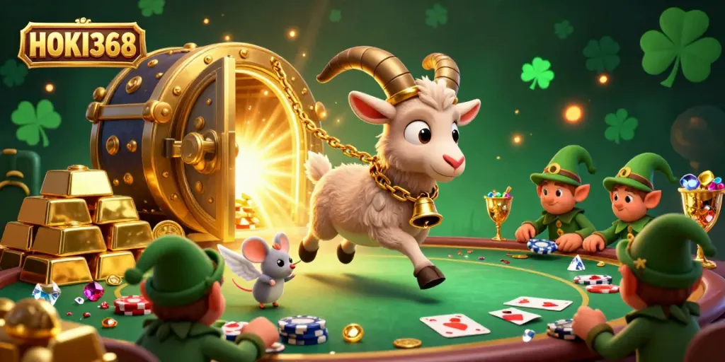 Experience the thrilling atmosphere at HOKI368 casino with Krampus and whimsical characters in action.